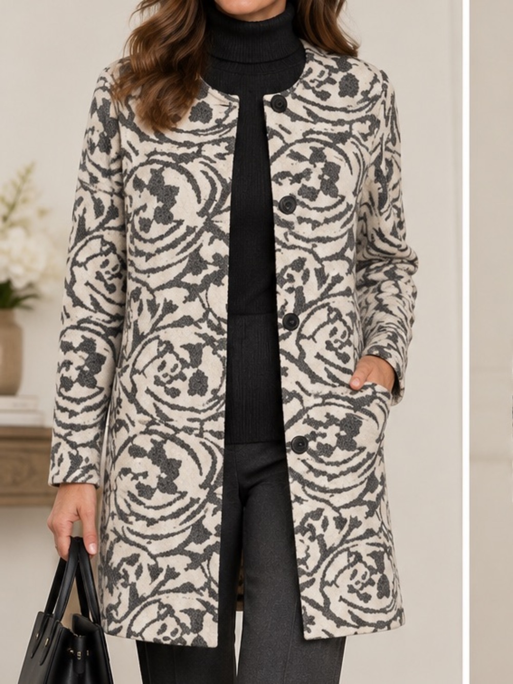 Nanette Lepore Patterned Long Wool Blend Coat - Cream & Gray